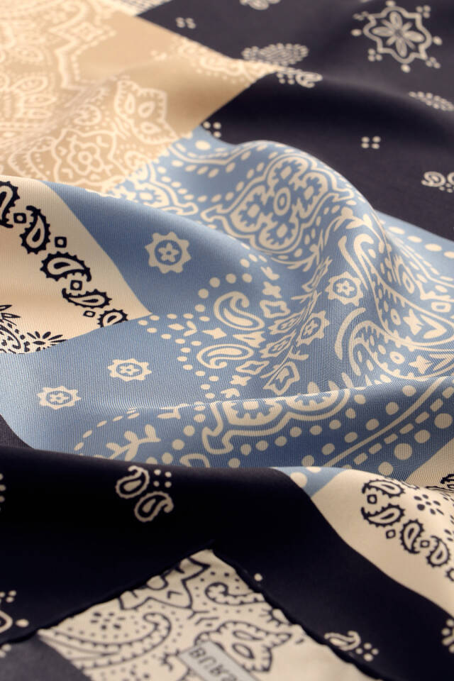Navy Blue Patchwork Pattern Twill Silk Scarf - 2