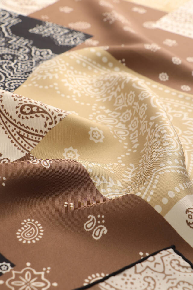Tan Patchwork Pattern Twill Silk Scarf - 2