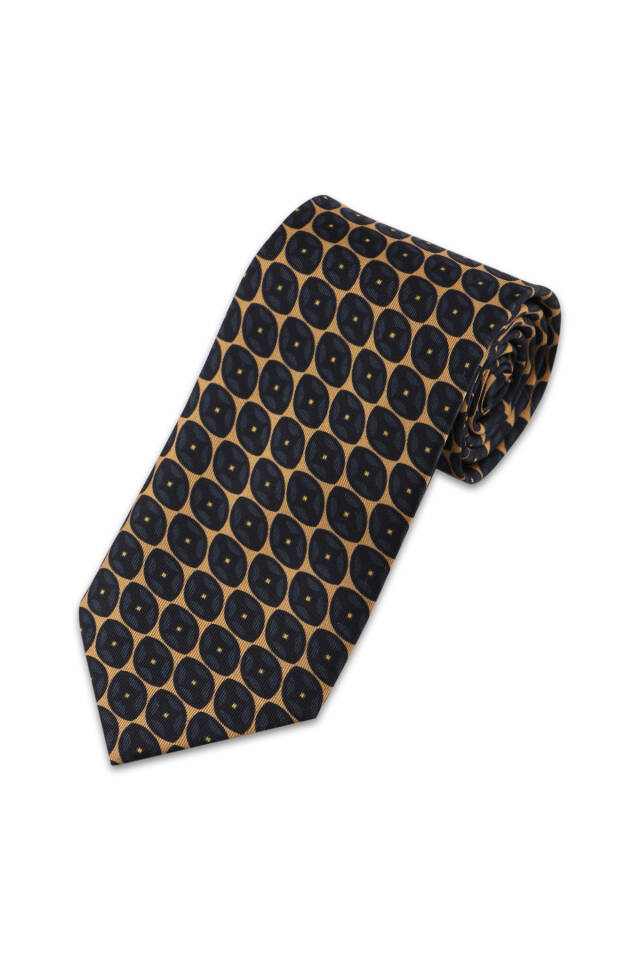 Mustard Patterned Silk Tie - Bursa İpek