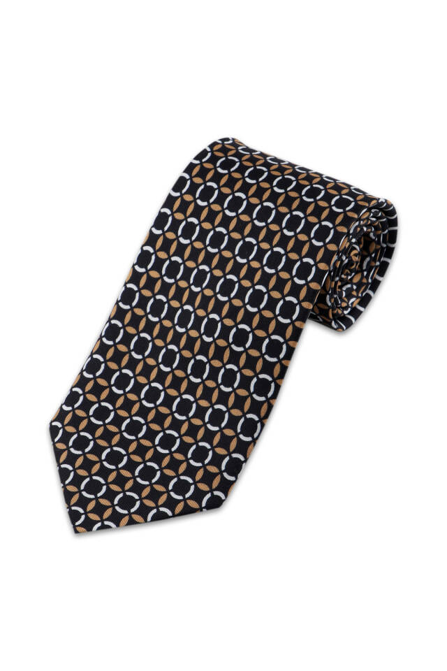 Mustard Patterned Silk Tie - Bursa İpek