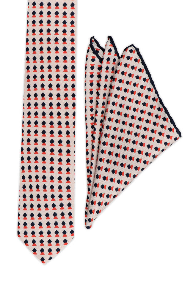 Beige Patterned Silk Tie Set - Bursa İpek