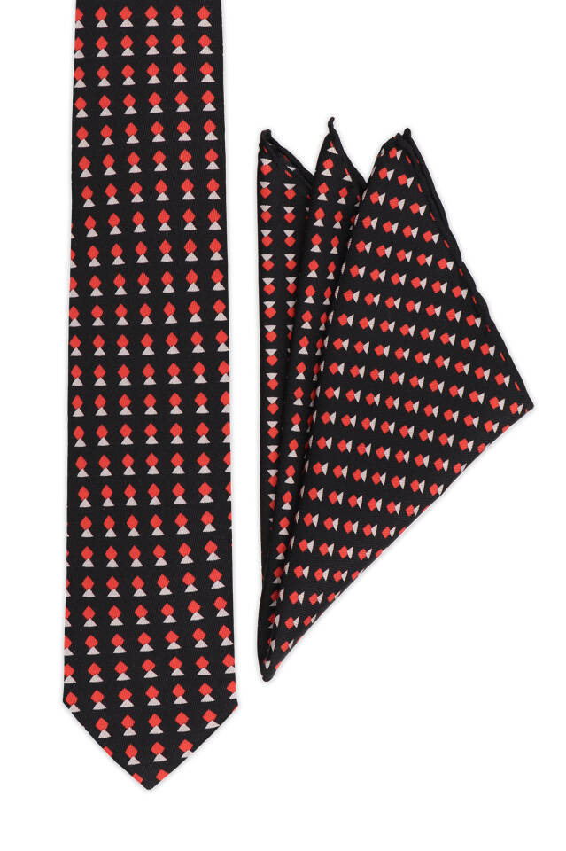 Black Patterned Silk Tie Set - Bursa İpek