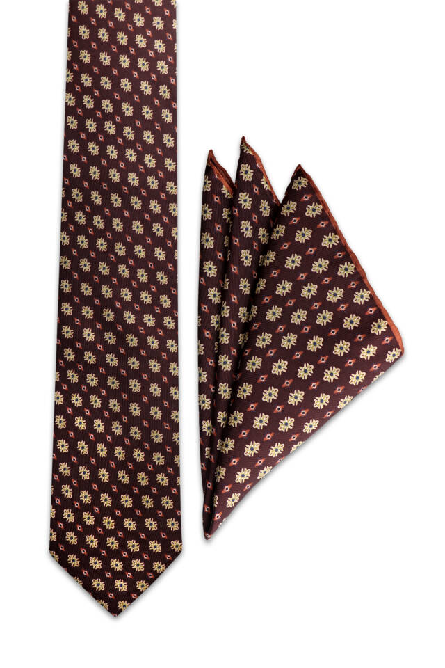 Brown Patterned Silk Tie Set - Bursa İpek