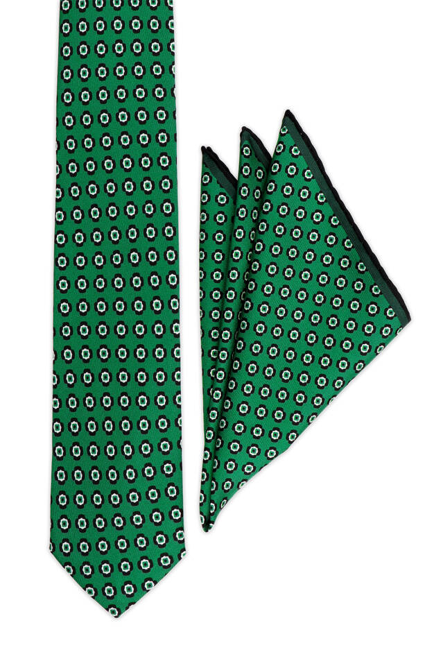 Green Patterned Silk Tie Set - Bursa İpek