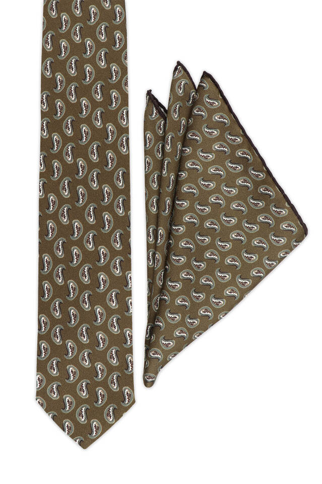 Khaki Patterned Silk Tie Set - Bursa İpek