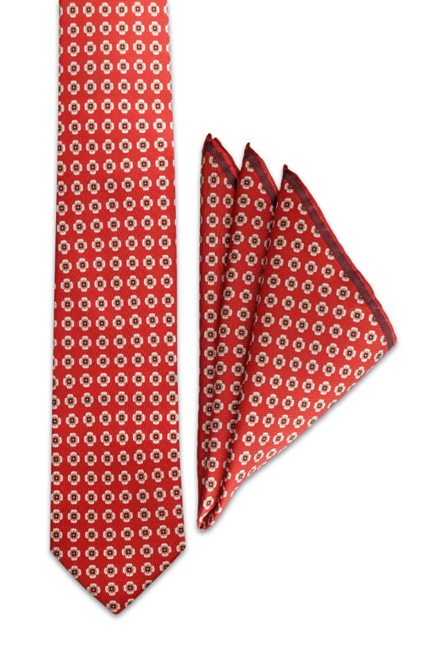 Burgundy Patterned Silk Tie Set - Bursa İpek