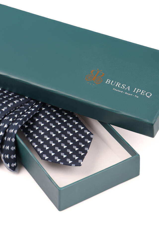 Navy Blue Patterned Silk Tie Set - 3