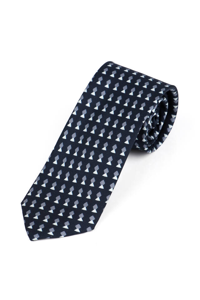 Navy Blue Patterned Silk Tie Set - 2