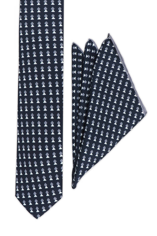 Navy Blue Patterned Silk Tie Set - Bursa İpek