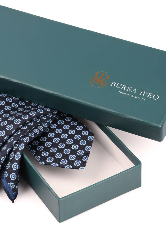 Navy Blue Patterned Silk Tie Set - 3