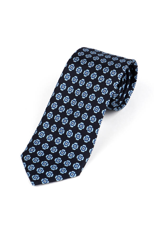 Navy Blue Patterned Silk Tie Set - 2
