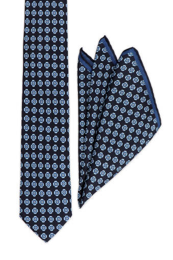 Navy Blue Patterned Silk Tie Set 