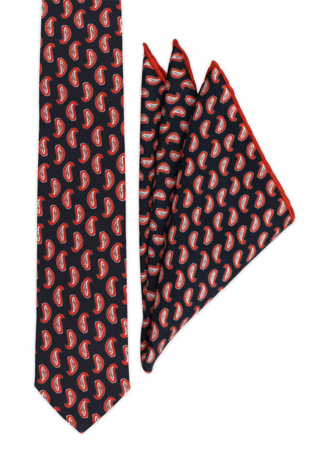 Navy Blue Patterned Silk Tie Set - Bursa İpek