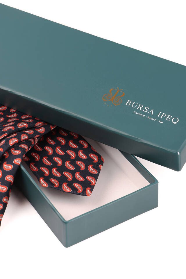 Navy Blue Patterned Silk Tie Set - 3