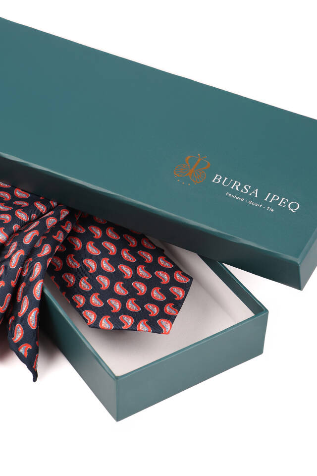 Navy Blue Patterned Silk Tie Set - 3