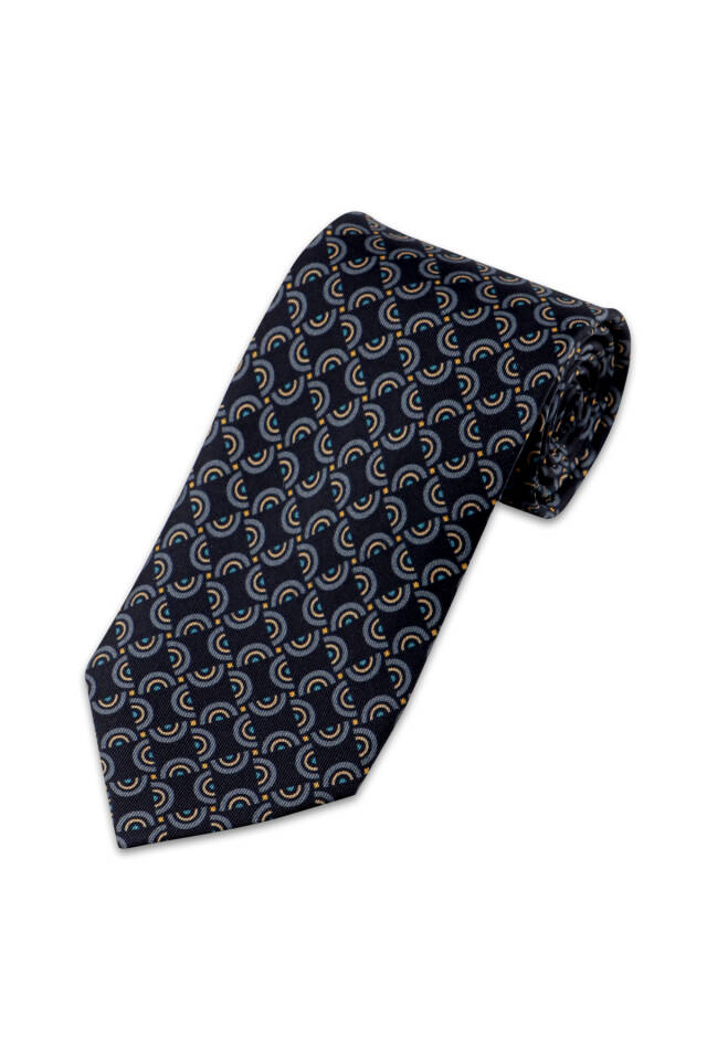 Navy Blue Patterned Silk Tie Set - 2