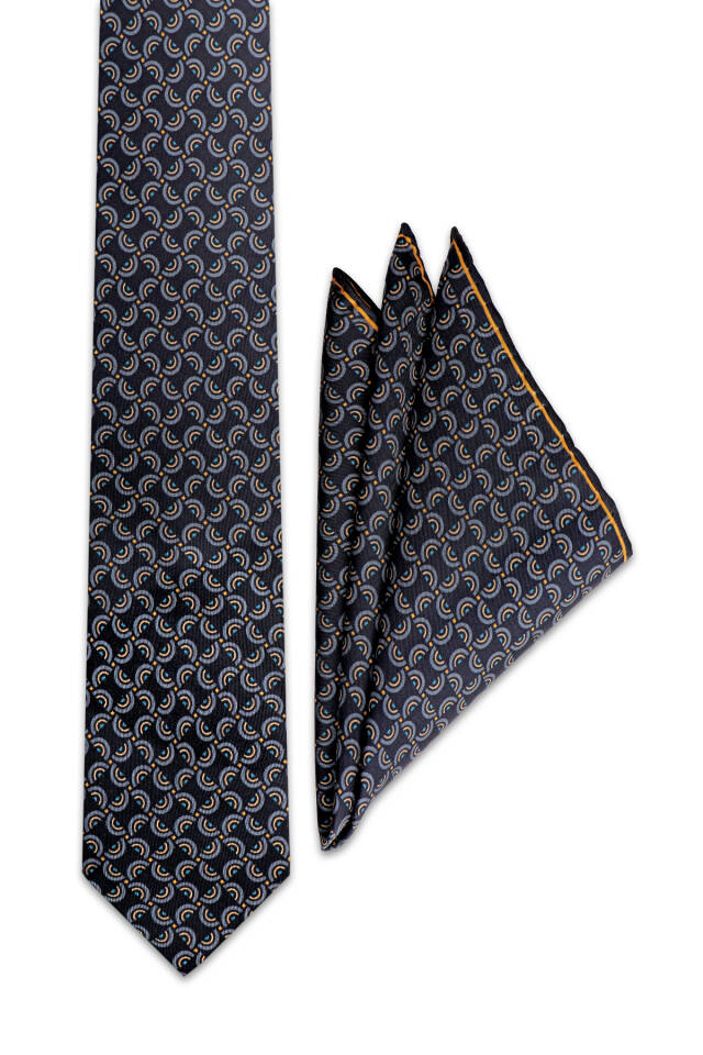 Navy Blue Patterned Silk Tie Set - Bursa İpek