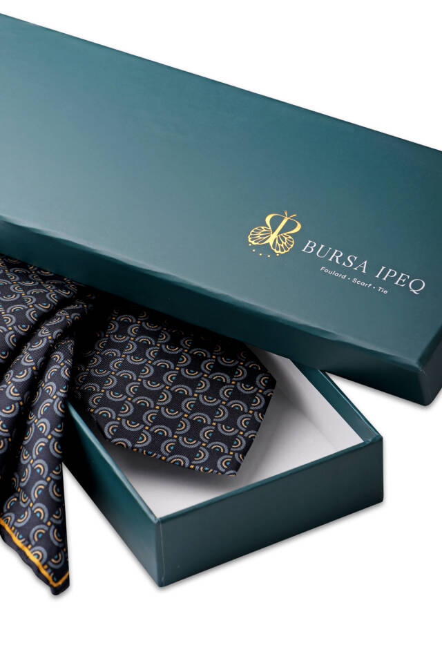 Navy Blue Patterned Silk Tie Set - 3