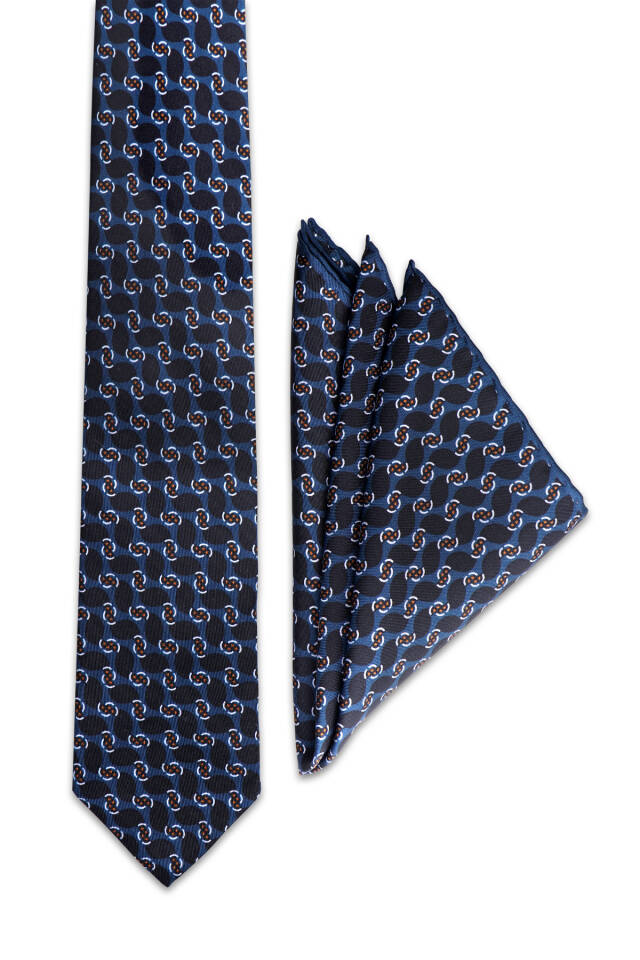 Petrol Blue Patterned Silk Tie Set 