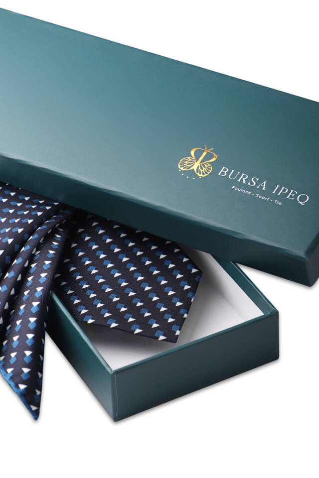 Petrol Blue Patterned Silk Tie Set - 3