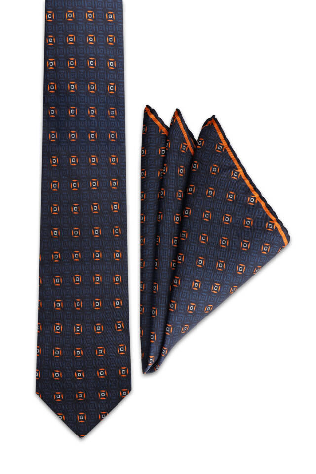Orange Patterned Silk Tie Set - Bursa İpek