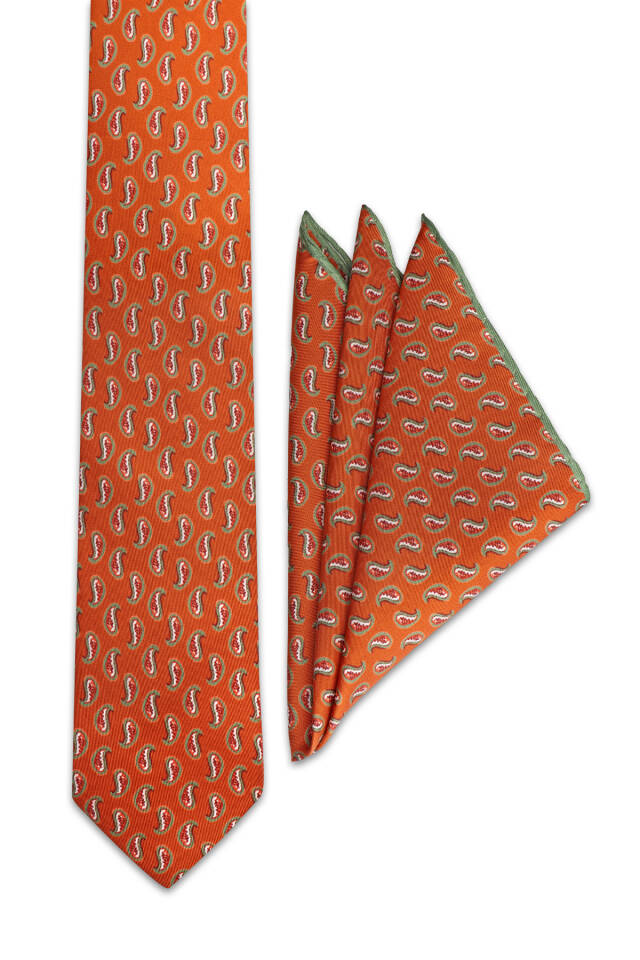 Tan Patterned Silk Tie Set - Bursa İpek