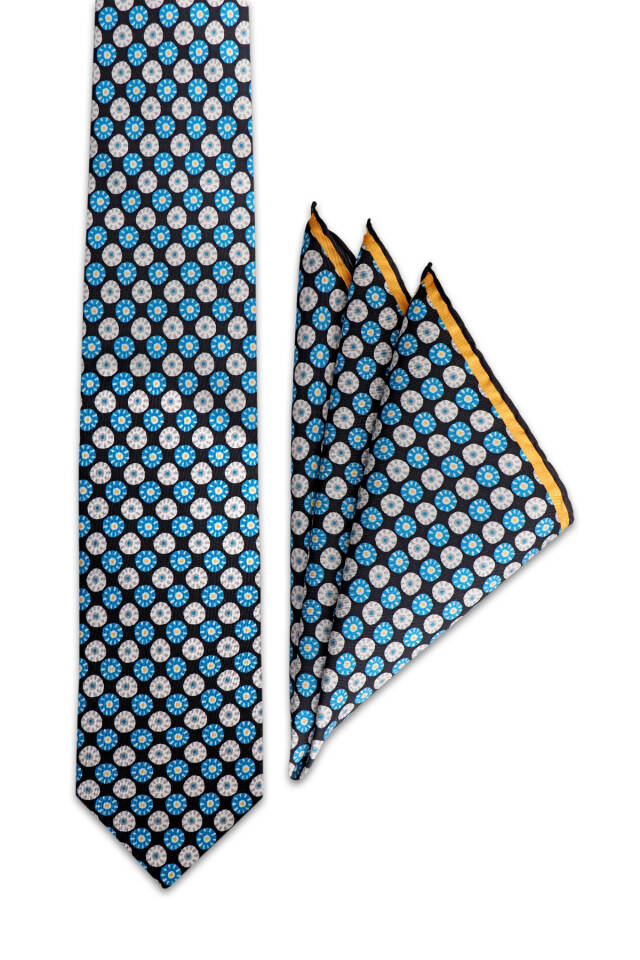 Turquoise Patterned Silk Tie Set - Bursa İpek