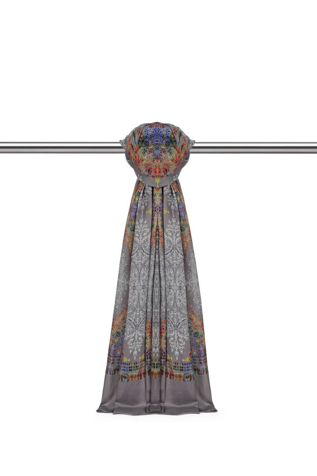 Gray Ethnic Pattern Soft Shawl - Bursa İpek