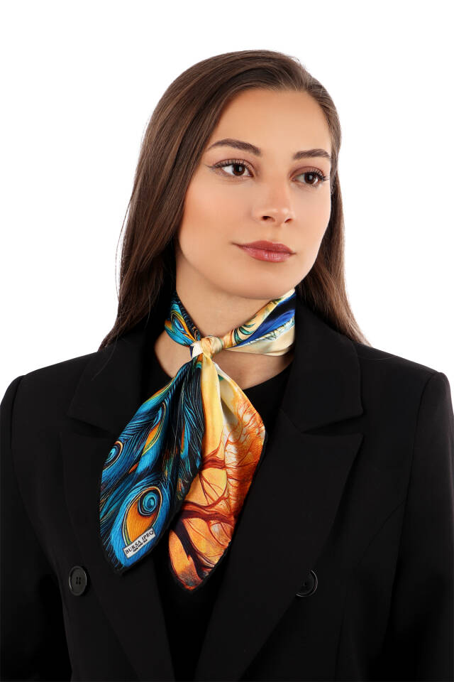 Yellow Peacock Pattern Silk Handkerchief - 2