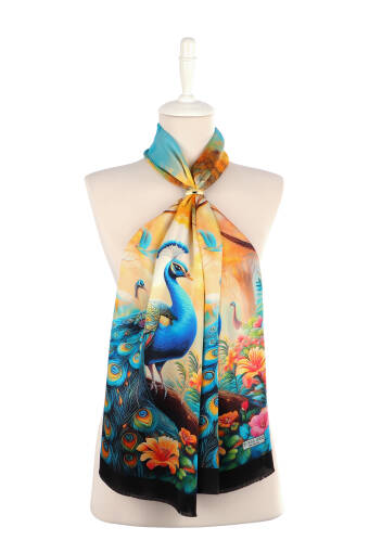 Yellow Peacock Pattern Silk Scarf 