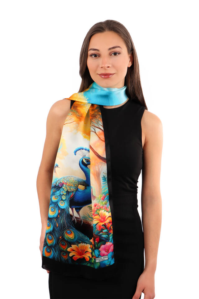Yellow Peacock Pattern Silk Scarf - 2