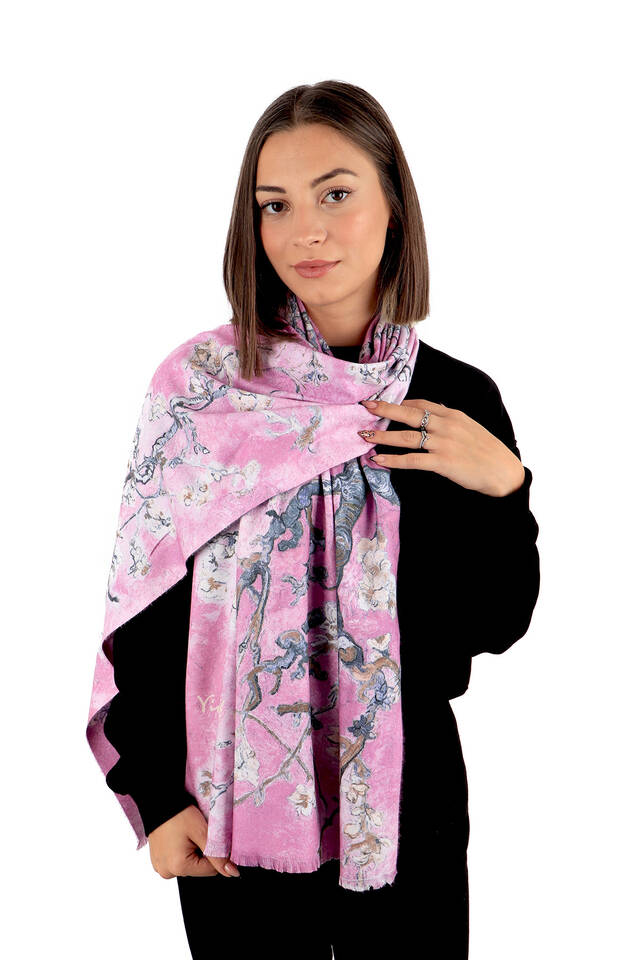 Pembe Badem Çiçeği Desen Kışlık Şal - 2