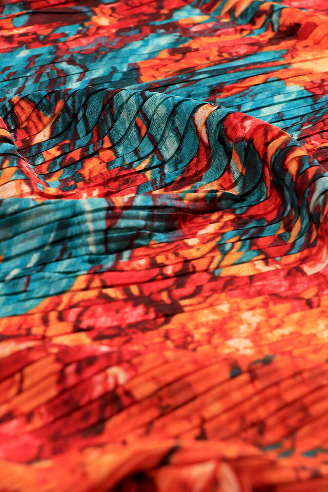 Petrol Blue Patterned Pleated Scarf - 3