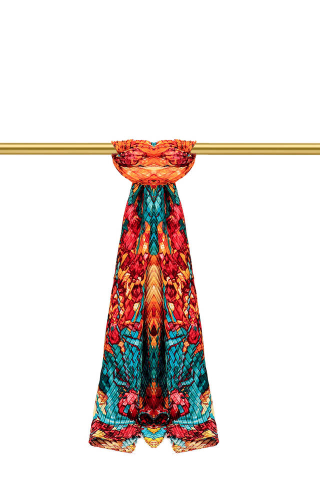 Petrol Blue Patterned Pleated Scarf - 1