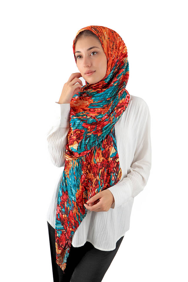 Petrol Blue Patterned Pleated Scarf - 2