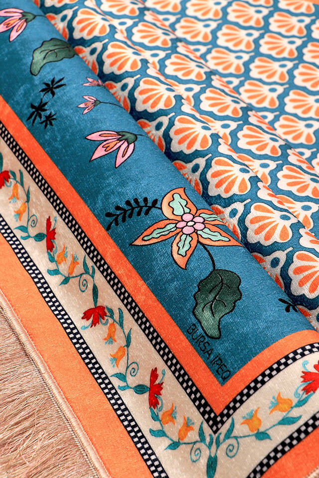 Petrol Blue Velvet Carpet Prayer Rug - 2