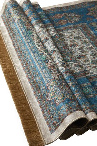 Petrol Blue Velvet Carpet Prayer Rug - Thumbnail