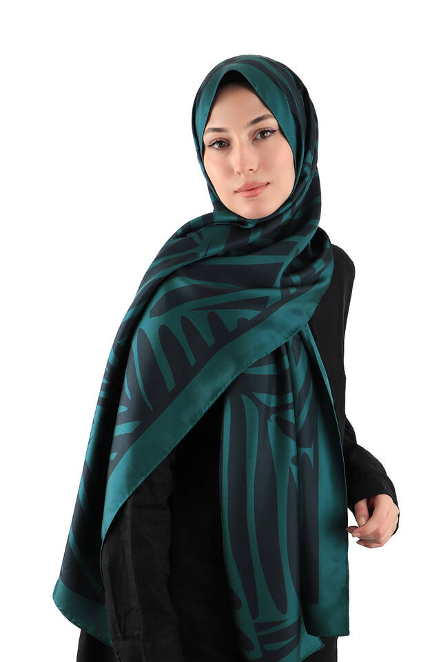Petrol Green Crop Pattern Twill Silk Scarf - 2
