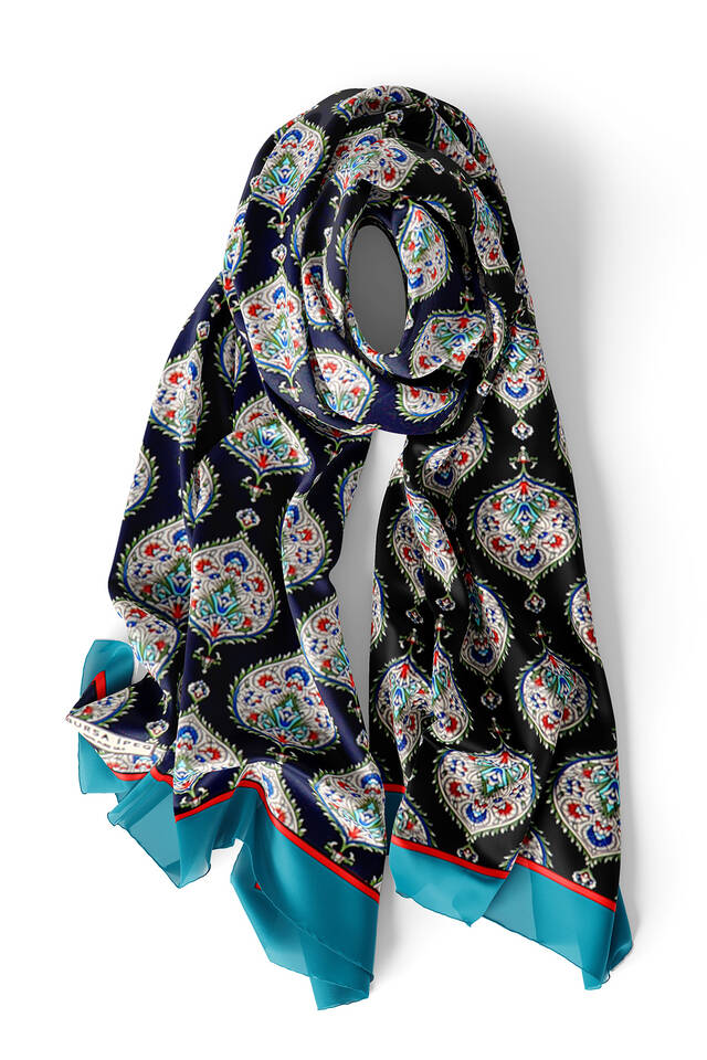 Petrol Green Hatai Pattern Tight Silk Foulard - 4