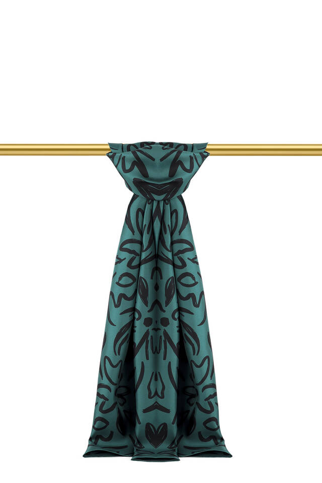 Petrol Green Spring Pattern Twill Silk Scarf 