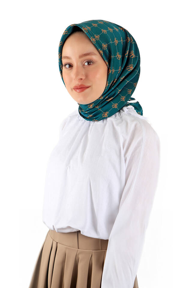 Petrol Yeşil Kelebek Monogram Twill İpek Eşarp - 2