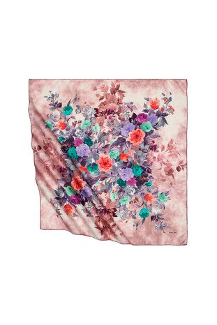 Pink Bouquet Pattern Silky Square Scarf - Thumbnail