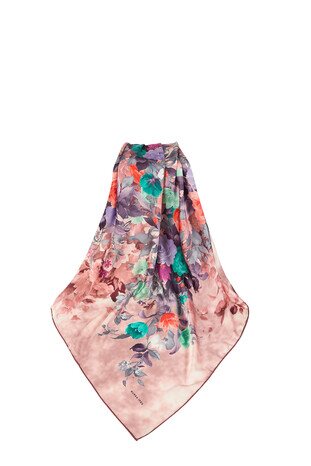 Pink Bouquet Pattern Silky Square Scarf - Thumbnail