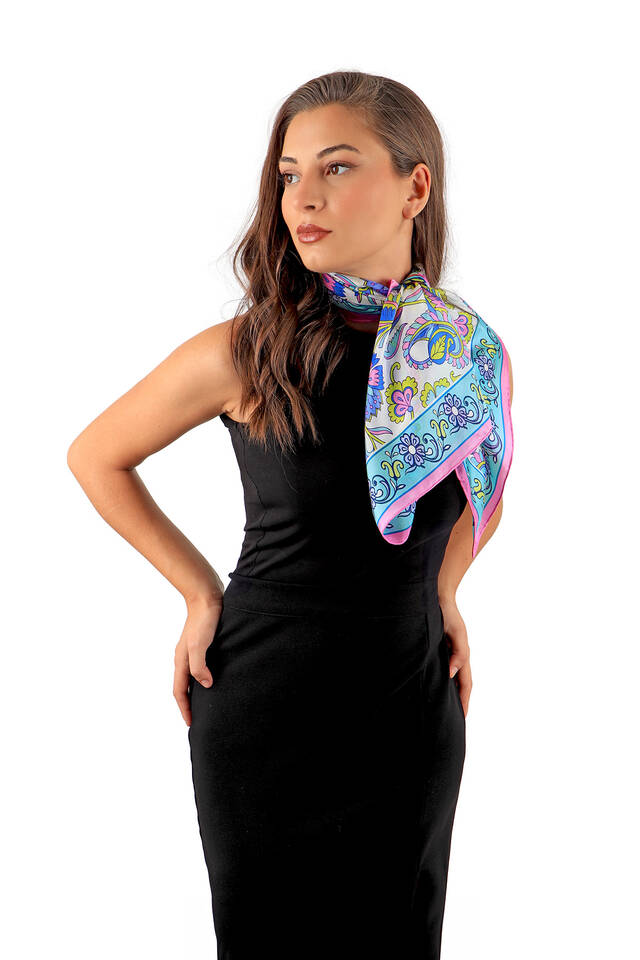 Pink Flower Pattern Voile Silk Square Scarf - 3