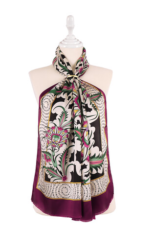 Plum Golden Horn Pattern Silk Foulard 