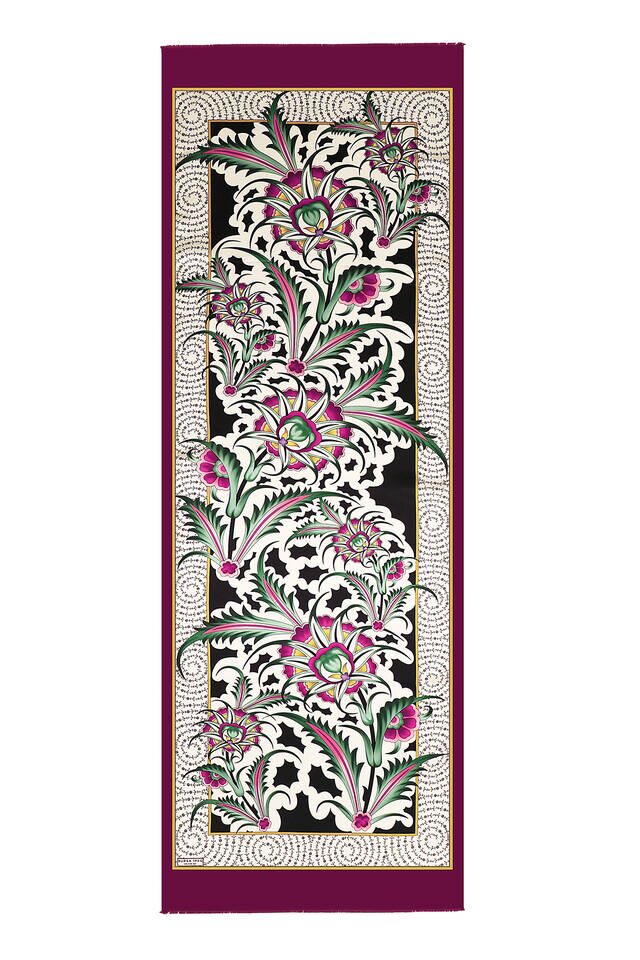 Plum Golden Horn Pattern Silk Foulard - 4