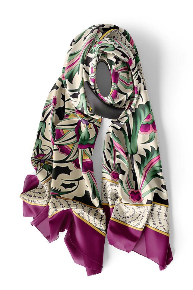Plum Golden Horn Pattern Silk Foulard - 3