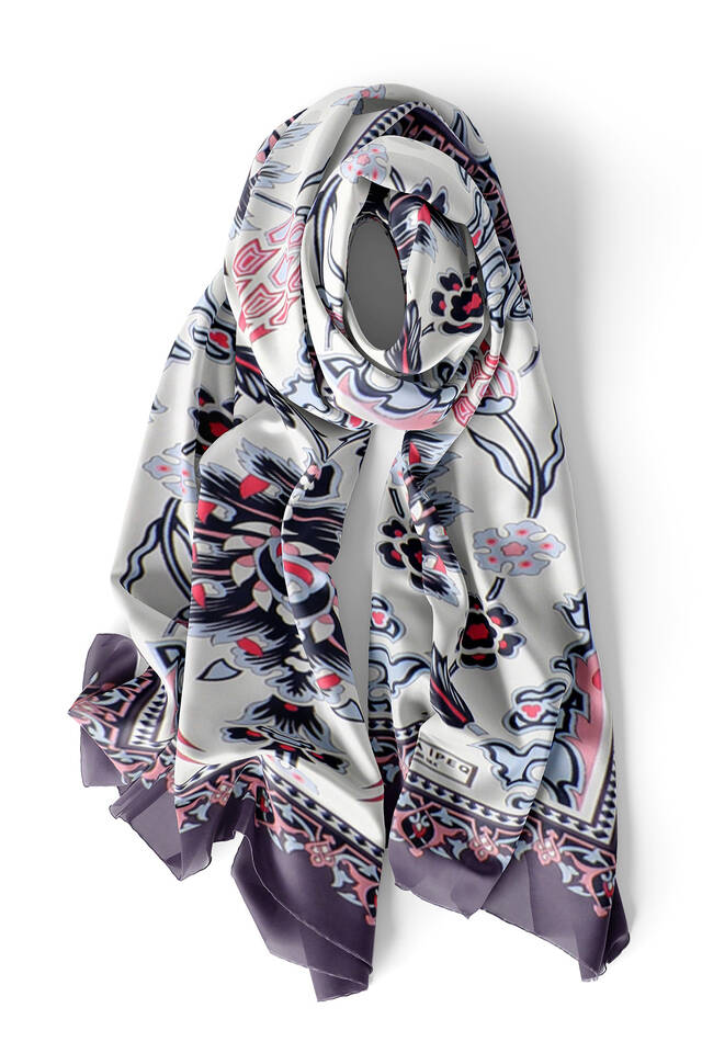 Plum Navy Blue Tile Tulip Voile Silk Foulard - 3