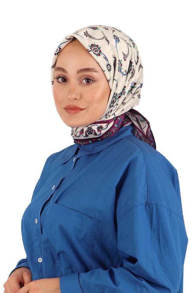 Plum Wildflower Pattern Silky Square Scarf - 2