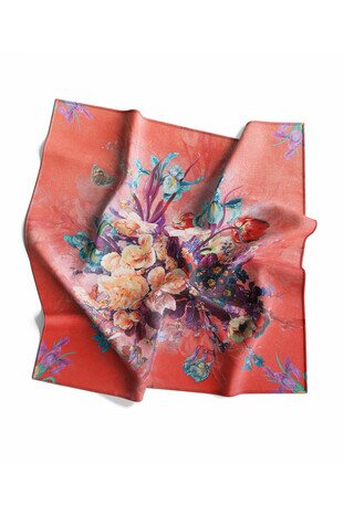 Pomegranate Flower Floral Silk Square Scarf - Thumbnail